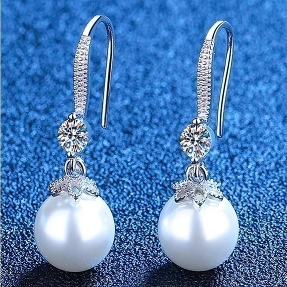 White Faux Pearl And Rhinestone Drop Earrings - Picture 1 of 2